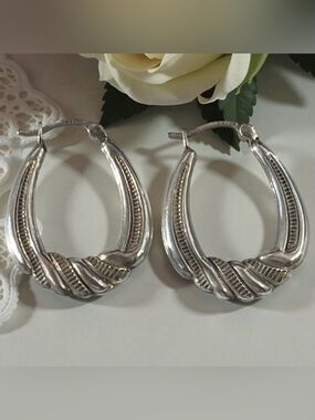 Signed SA925 Silver Textured Hoop Earrings